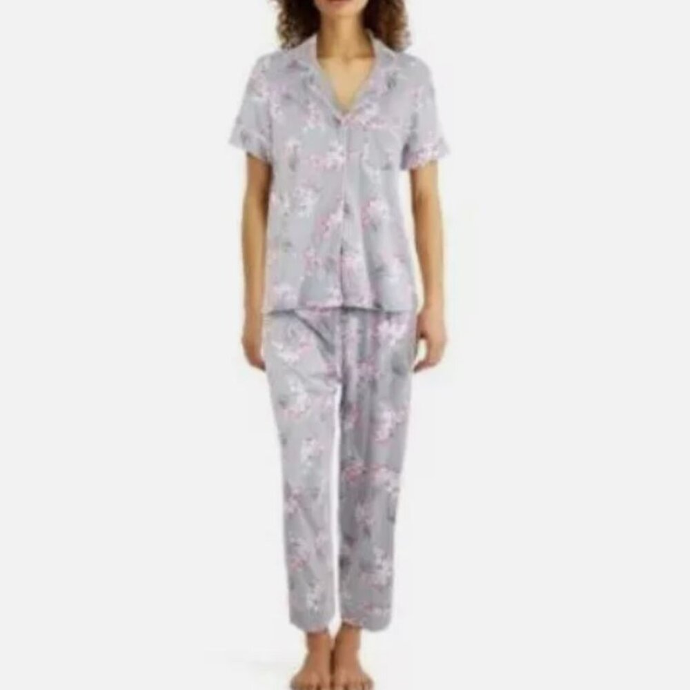 Charter Club Pajama Set Gray Capri S/S Button Down NWT